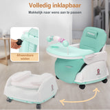 Een inklapbare kinderstoel die ook als kinderstoeltje en tafel kan dienen, ideaal als meegroeiende stoel voor baby's.